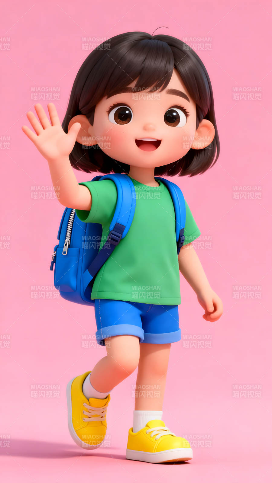 卡通女孩揮手微笑去上學圖片