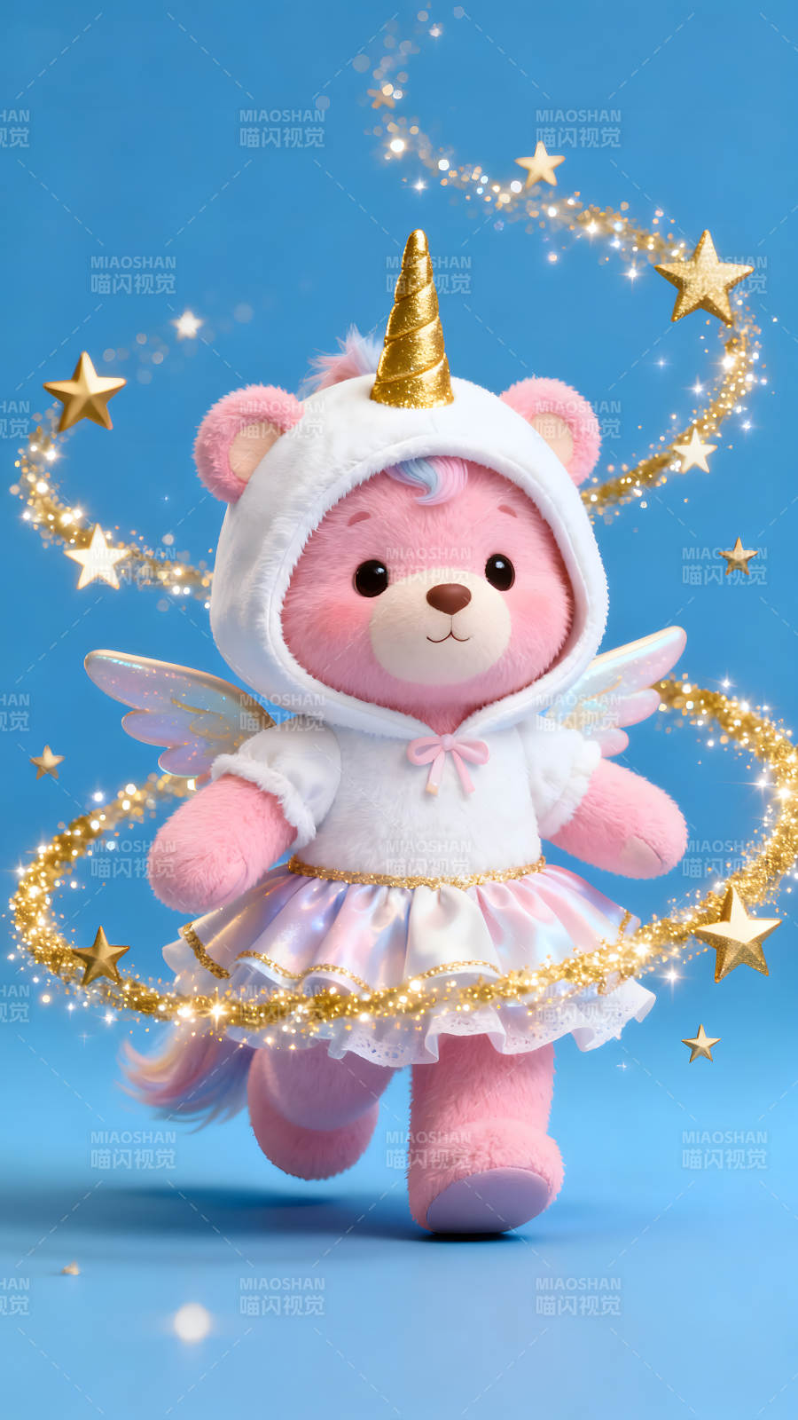 粉色独角兽熊玩偶在蓝色背景闪耀-图片