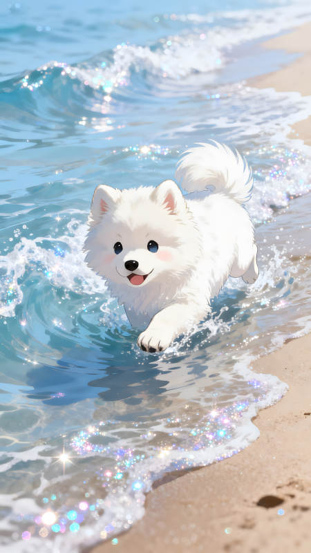 可爱狗狗海边戏水-图片