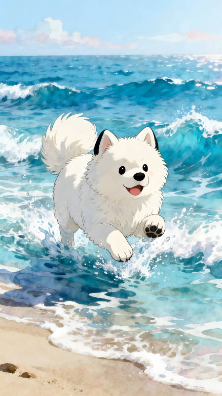 狗狗海边玩耍快乐奔跑-图片