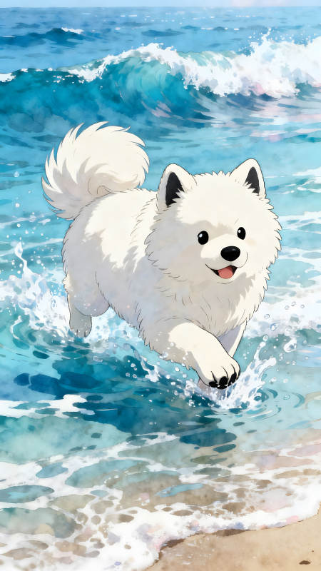 可爱的小狗在海浪中玩耍-图片