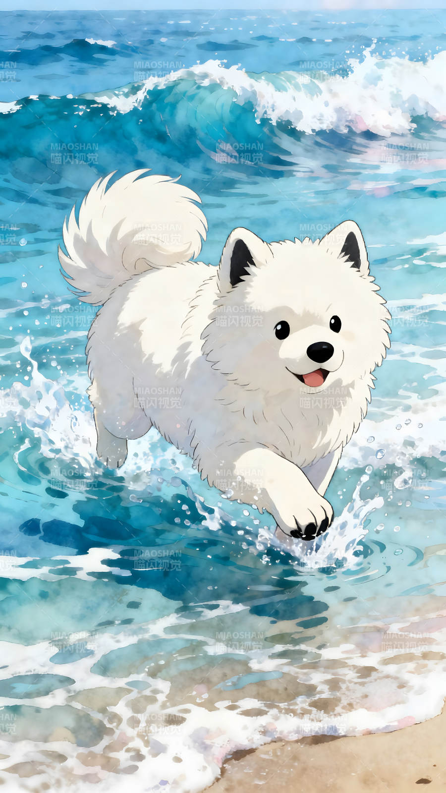 可愛的小狗在海浪中玩耍-圖片