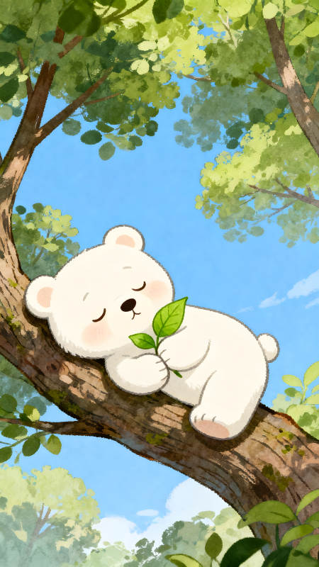 小熊樹上睡覺捧著綠葉-圖片