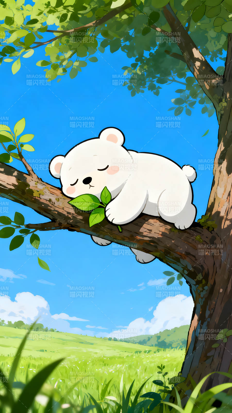 可爱小熊树上睡觉阳光明媚的夏日-图片