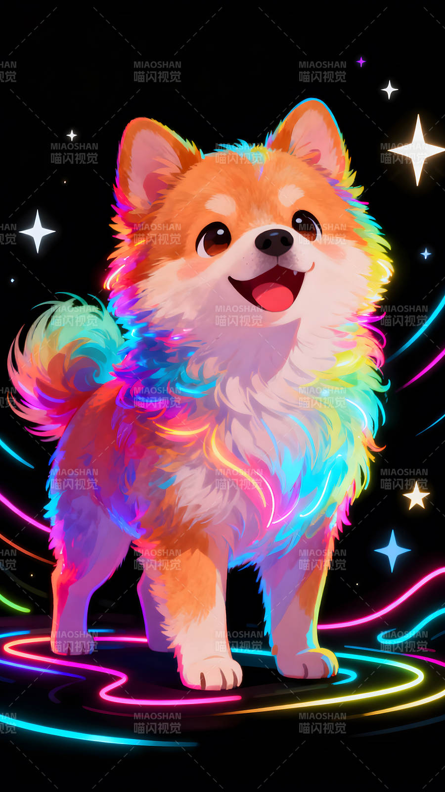 彩虹小狗在閃耀的背景中-圖片