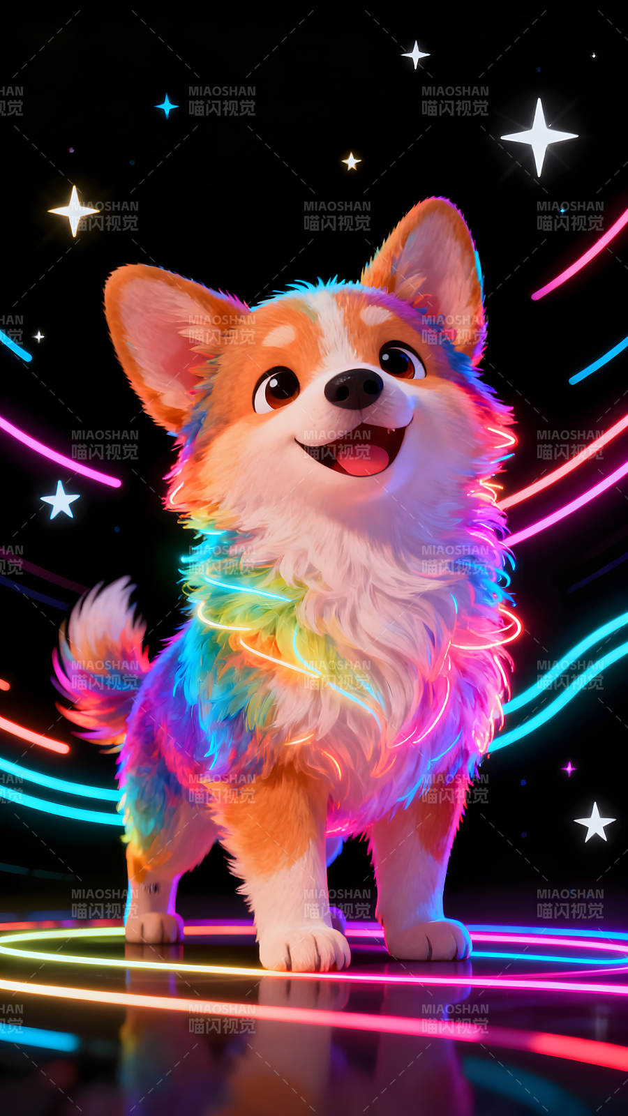可爱彩虹柯基犬发光特效背景-图片