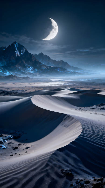 夜晚沙漠月亮山脉风景-图片