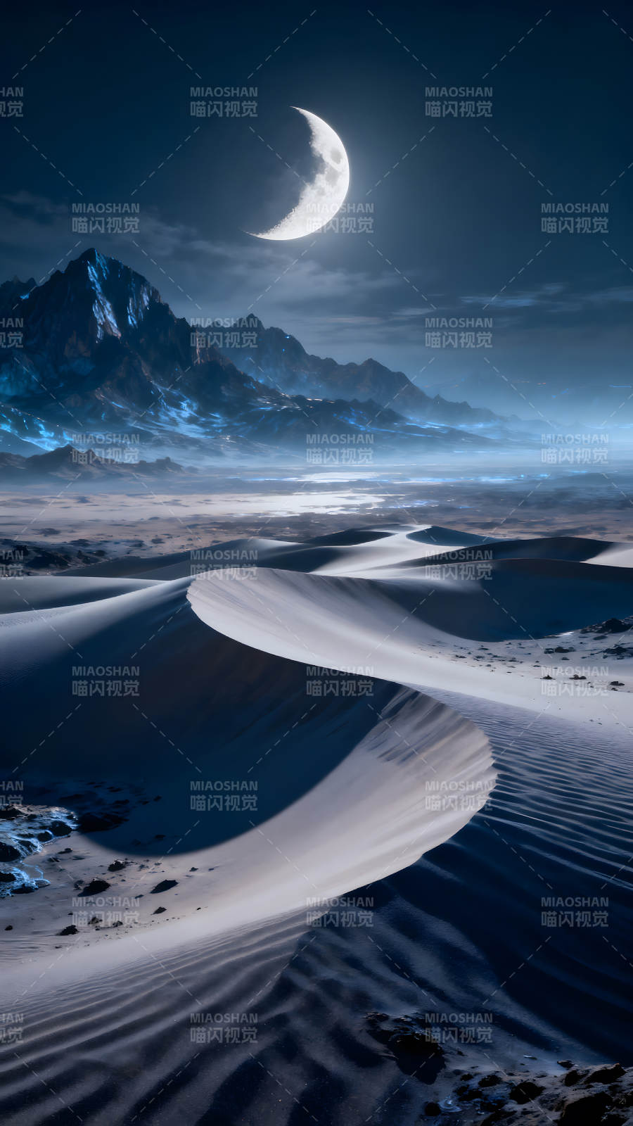 夜晚沙漠月亮山脉风景-图片