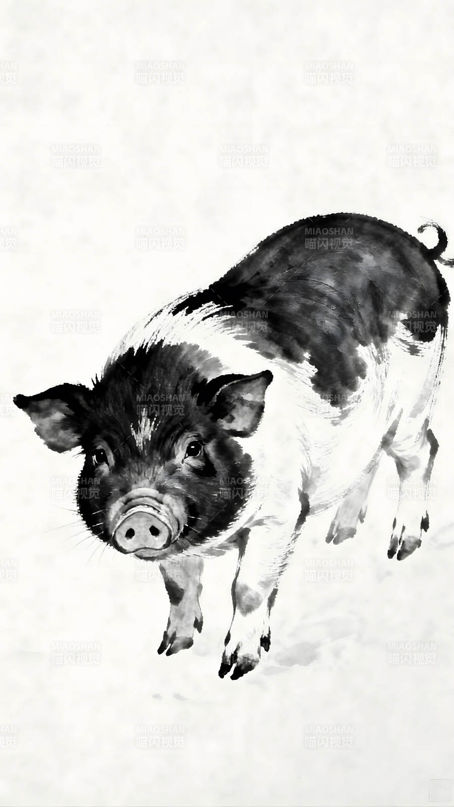 水墨画小猪黑白对比生动形象-图片