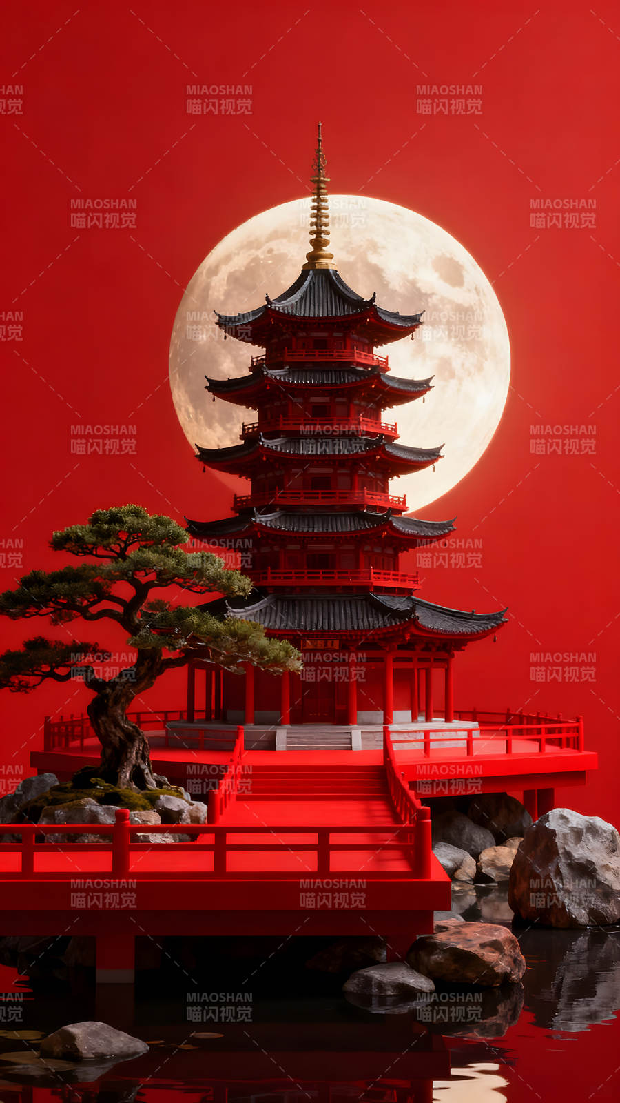 红色的日式佛塔与月亮-图片