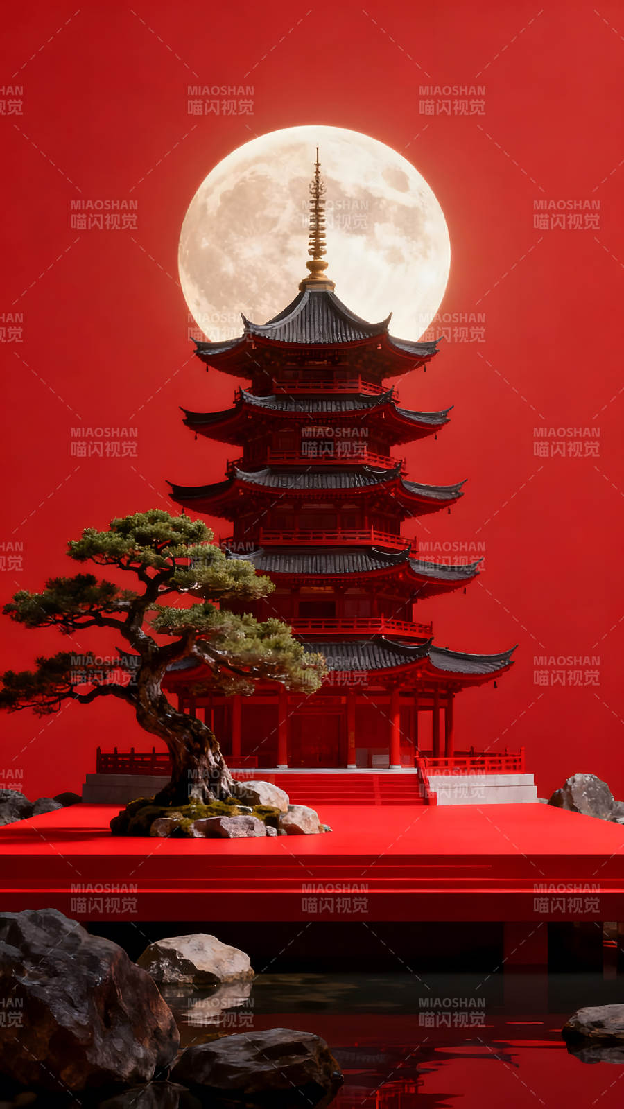 红月寺庙盆景景色-图片