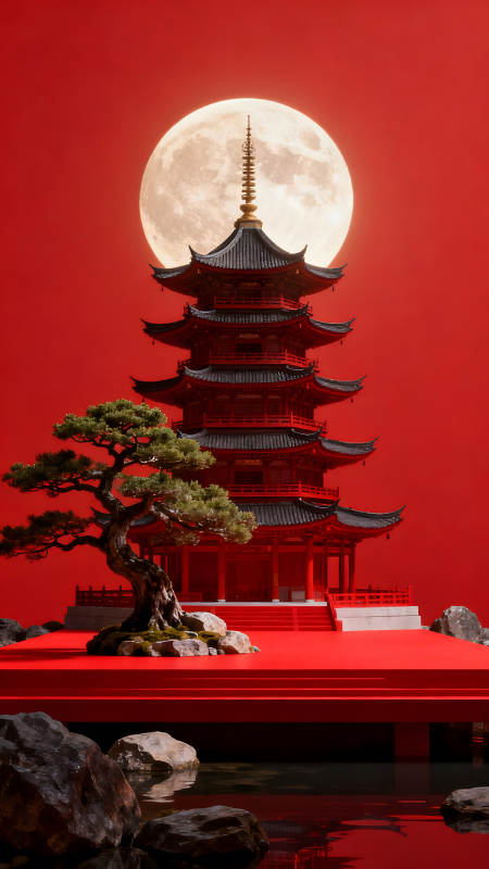 红月寺庙盆景景色-图片