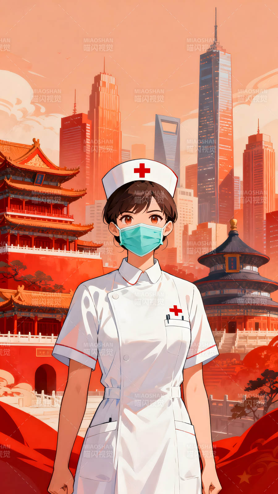 戴口罩的護士立于城市建筑前-圖片