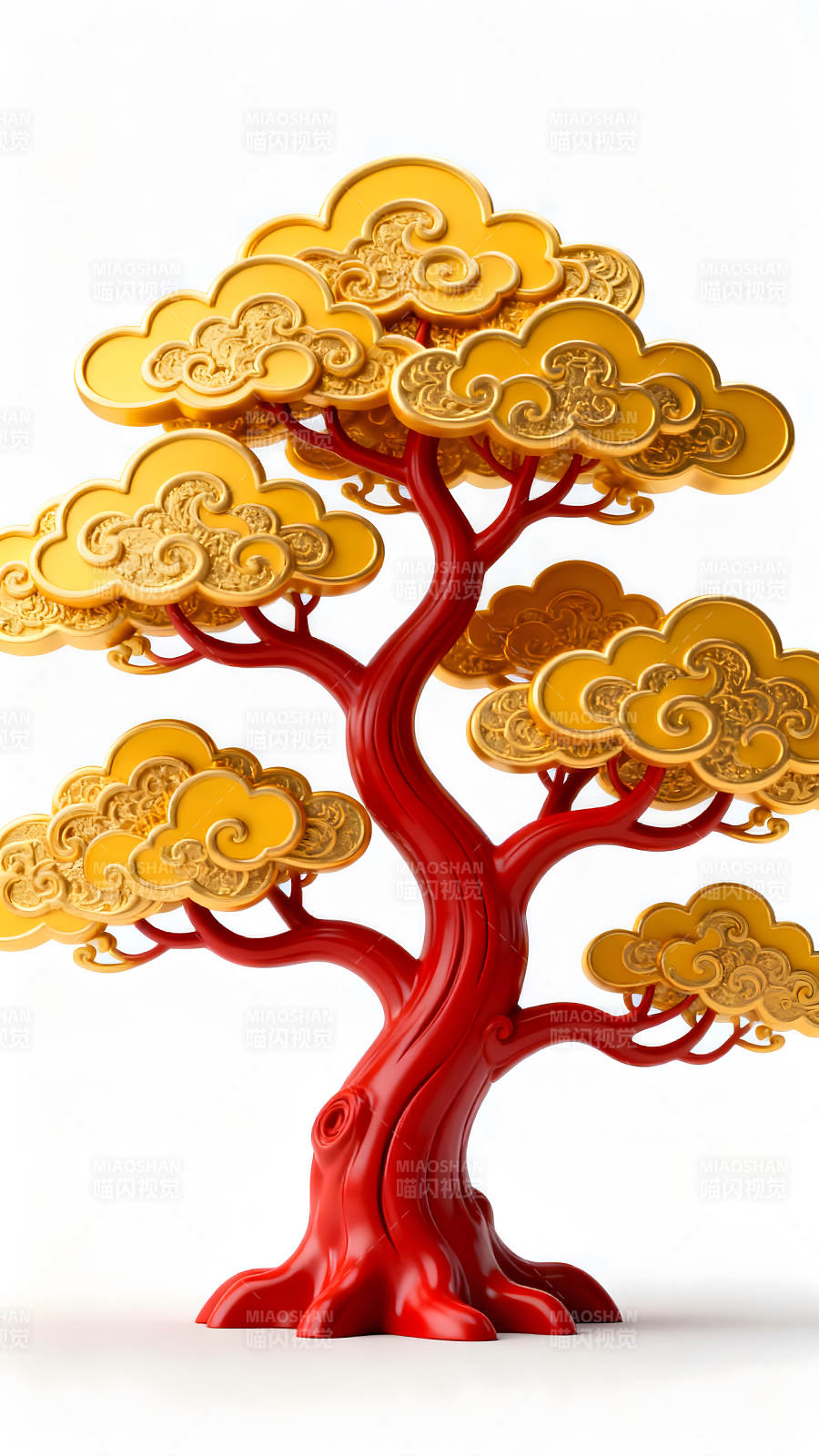 金色祥云装饰的红色树木-图片