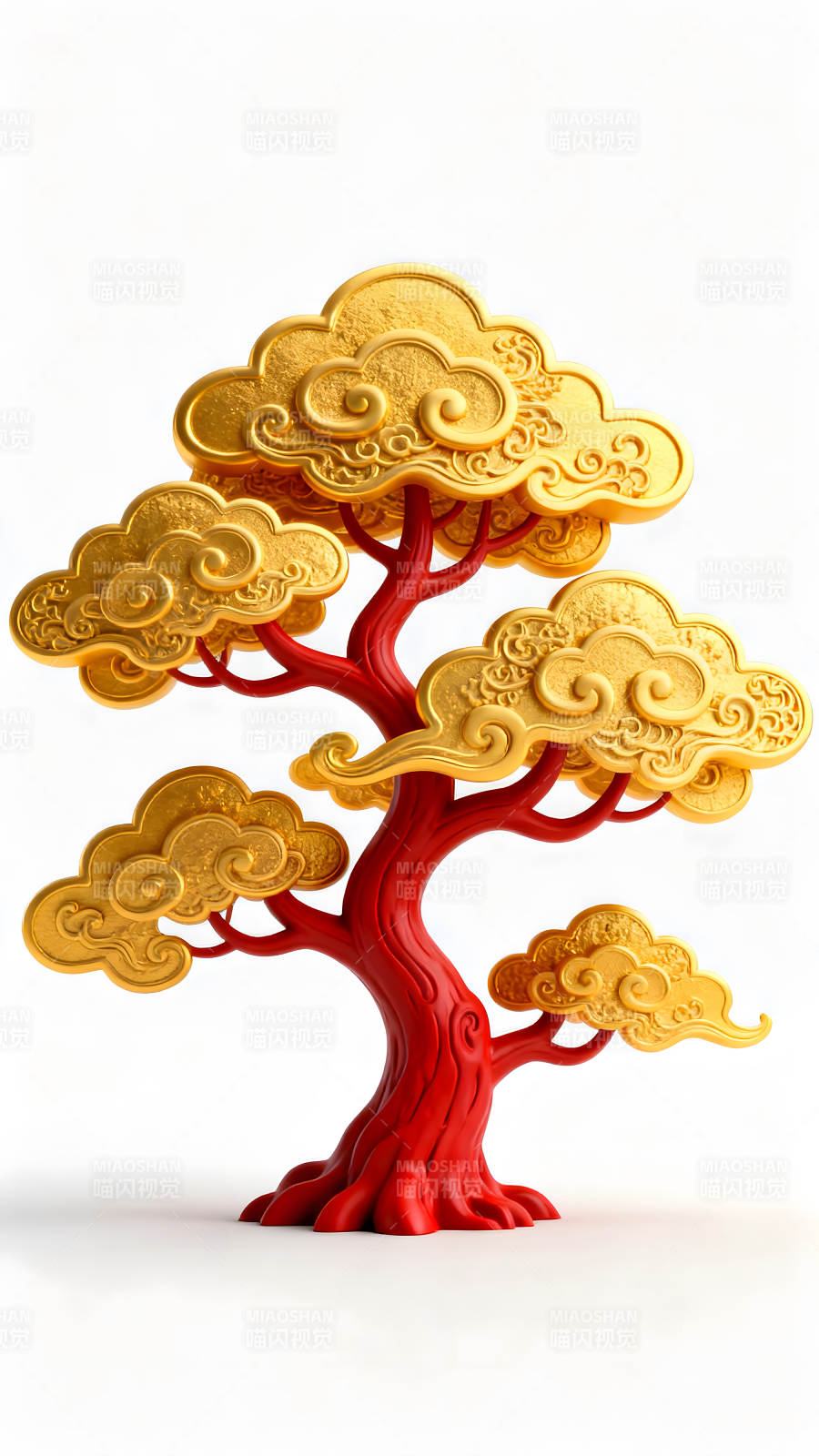 金色祥云装饰的红色树木-图片