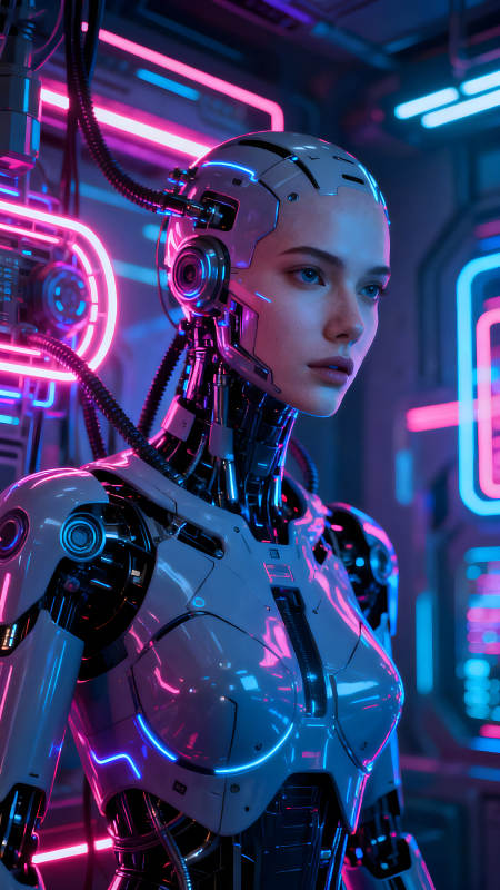賽博朋克風格的女性機器人肖像-圖片