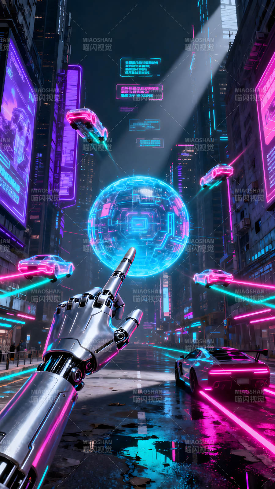 未来都市机械手指向赛博朋克场景-图片