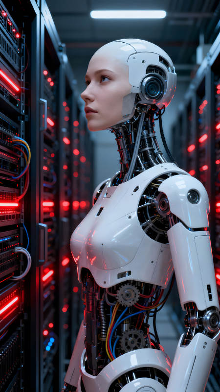 機器人佇立服務器旁-圖片