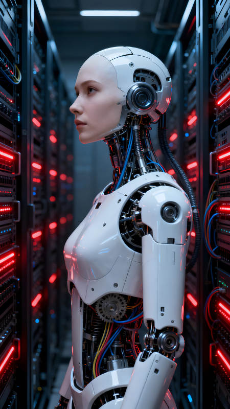 機器人與服務器構成賽博朋克場景-圖片