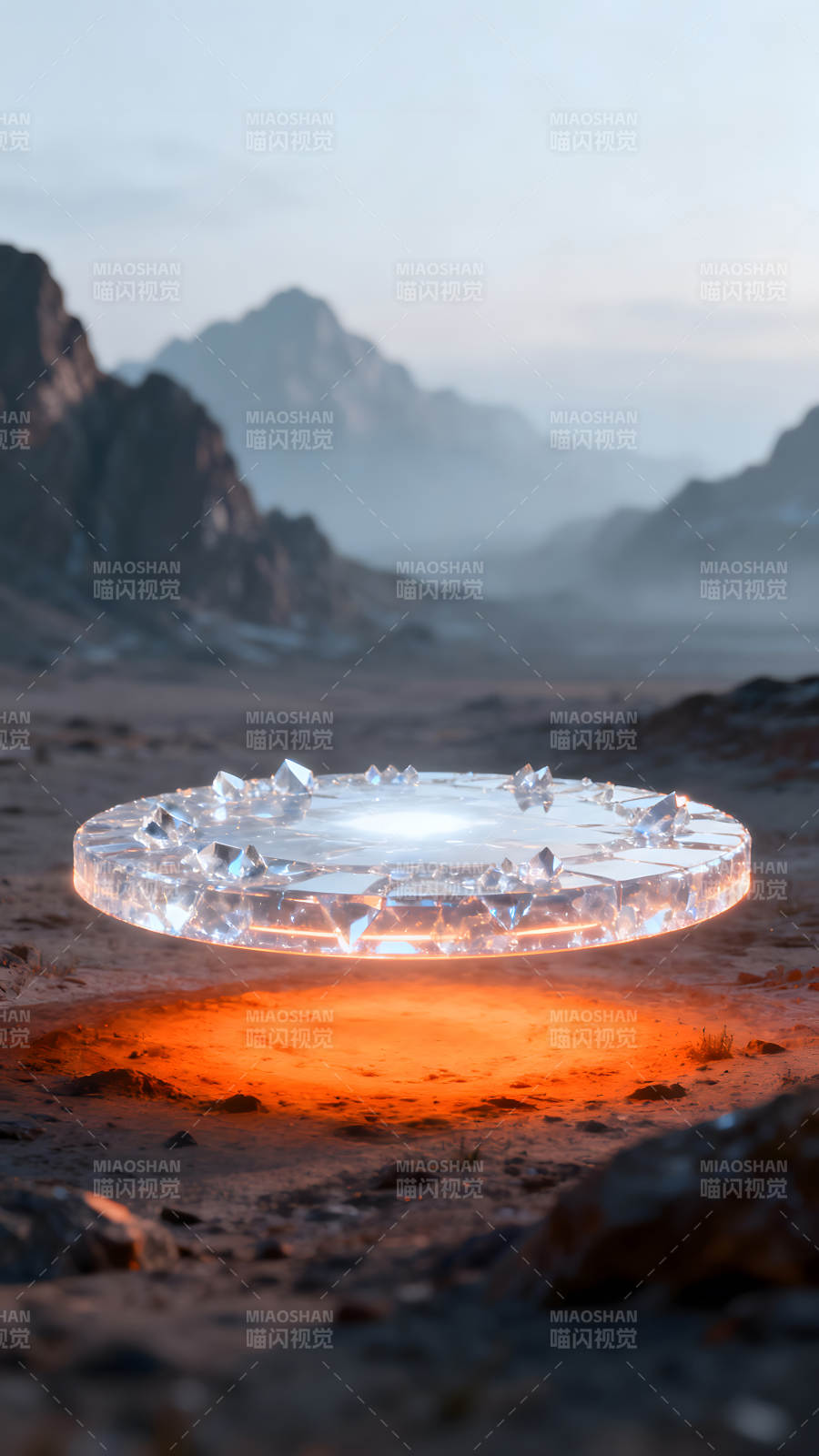 懸浮發(fā)光水晶圓盤置于荒漠之中-圖片