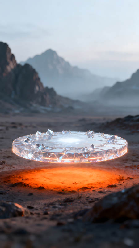 懸浮發光水晶圓盤置于荒漠之中-圖片