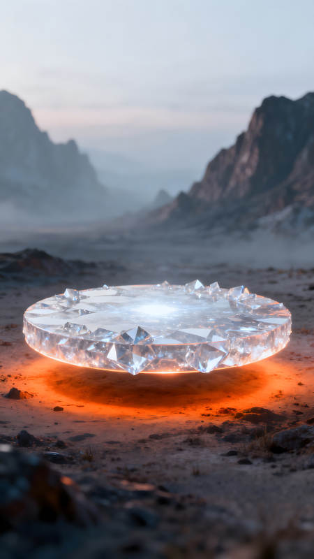 水晶飛盤懸浮在荒漠上-圖片