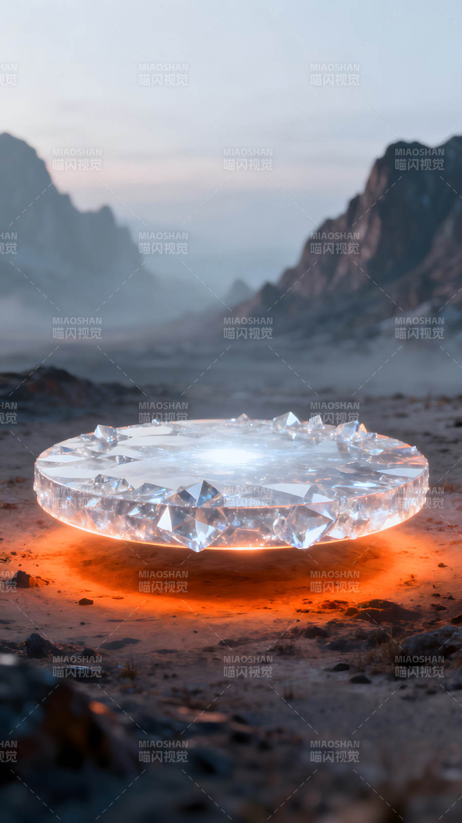 水晶飛盤(pán)懸浮在荒漠上-圖片