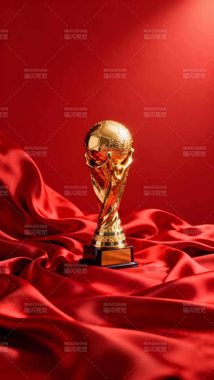 金灿灿的足球奖杯置于红绸之上-图片
