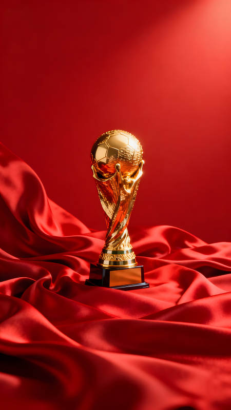 金灿灿的足球奖杯置于红绸之上-图片