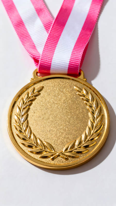 金牌与粉白丝带的特写-图片