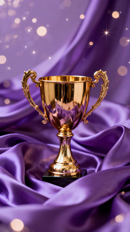 金色奖杯置于紫色丝绸上-图片