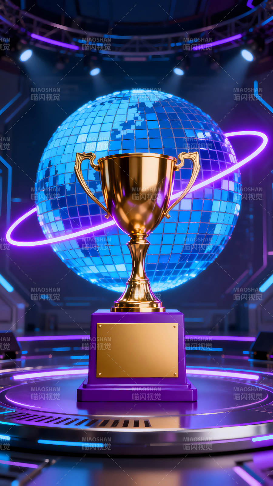 金色獎杯閃耀舞臺藍色燈光背景-圖片