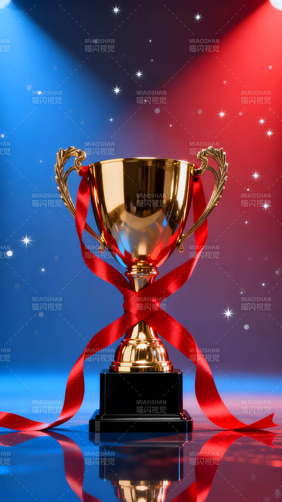 金色獎杯紅色絲帶藍色背景-圖片