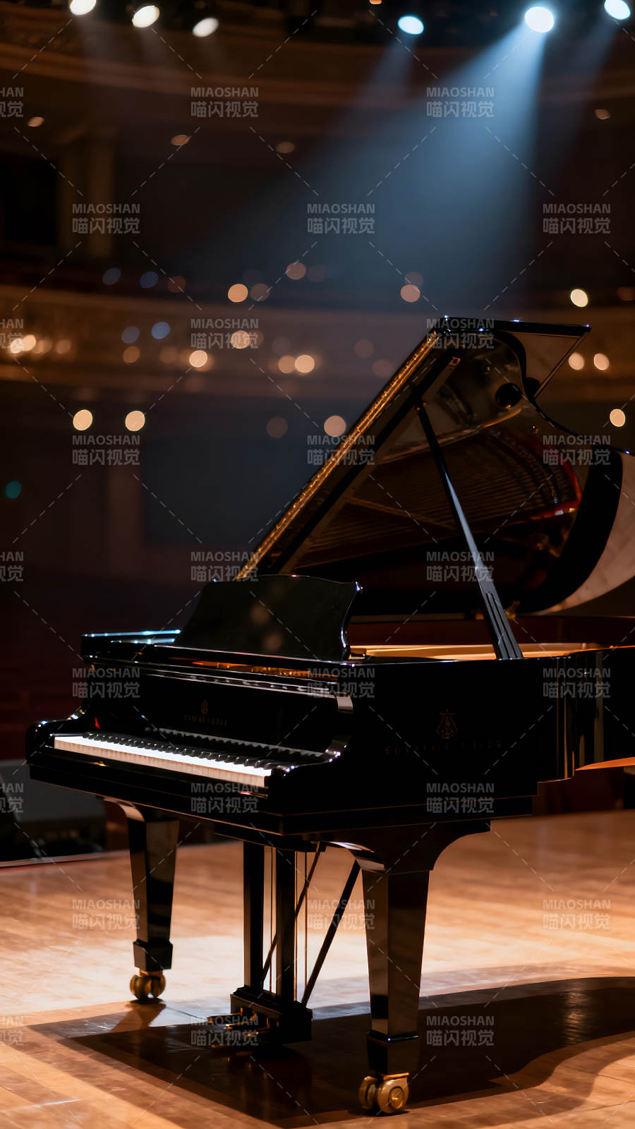 舞台上的黑色三角钢琴特写-图片