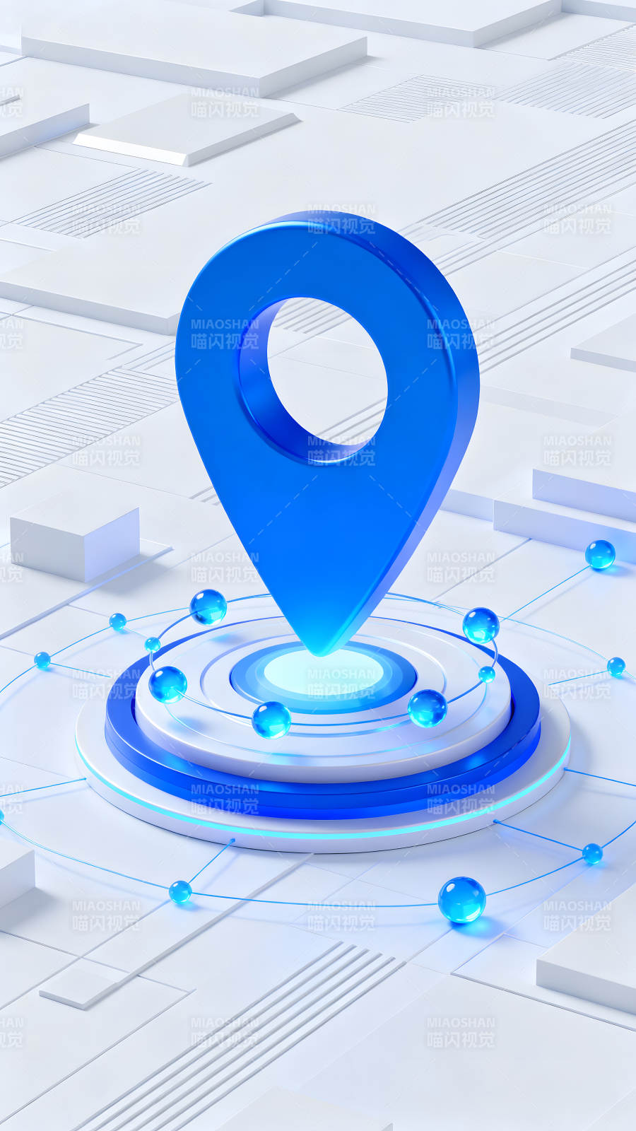 蓝色定位图标与科技感场景-图片