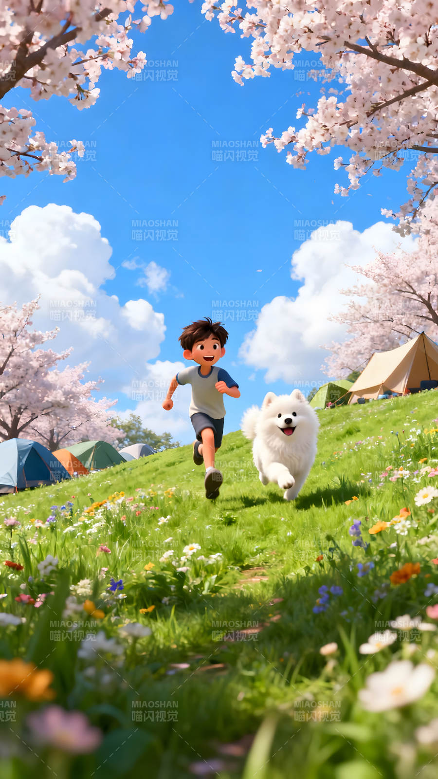男孩與狗在櫻花草地上奔跑-圖片