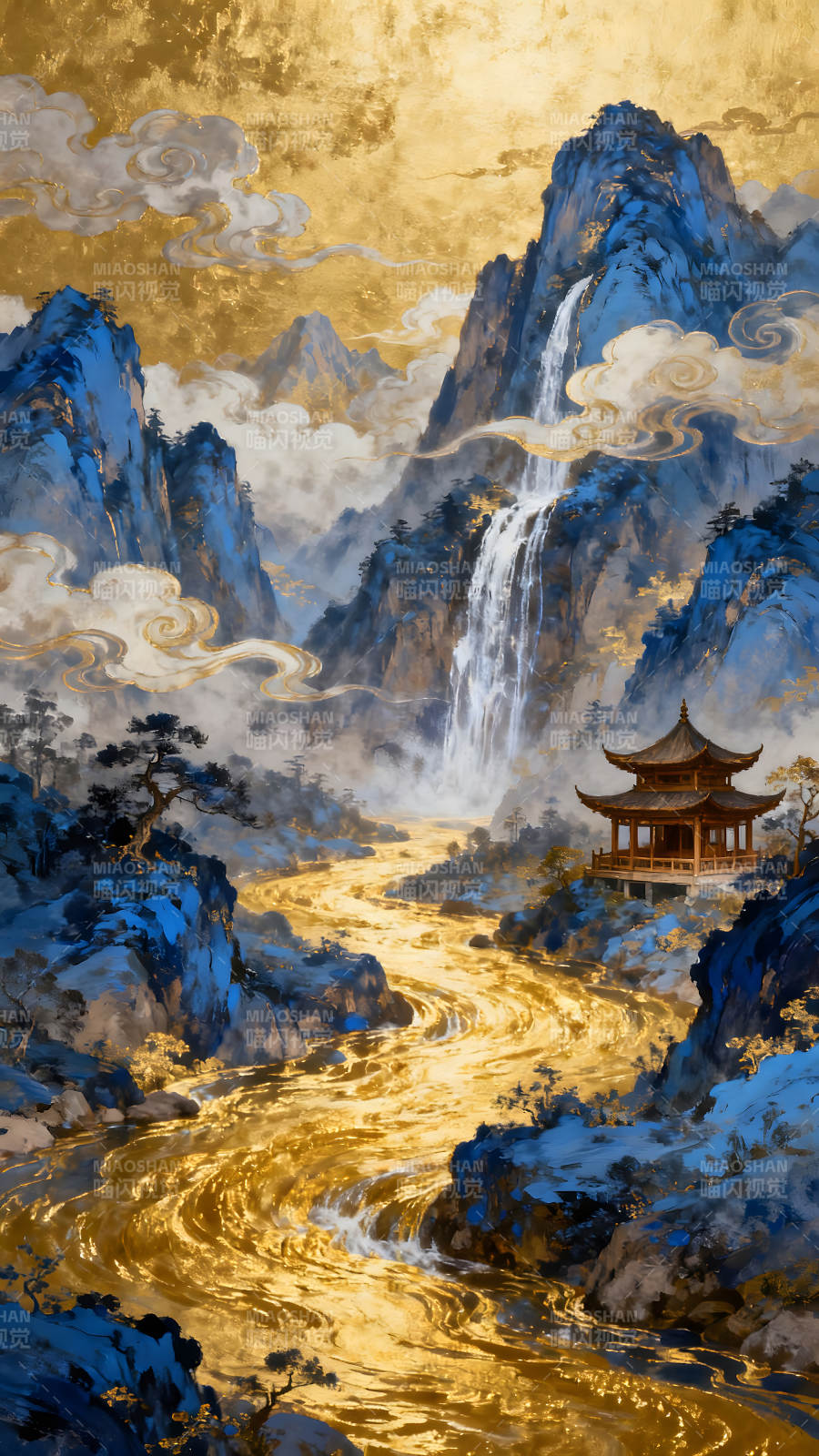 金碧輝煌的東方山水畫-圖片
