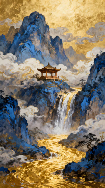 中國風金色瀑布山水畫-圖片