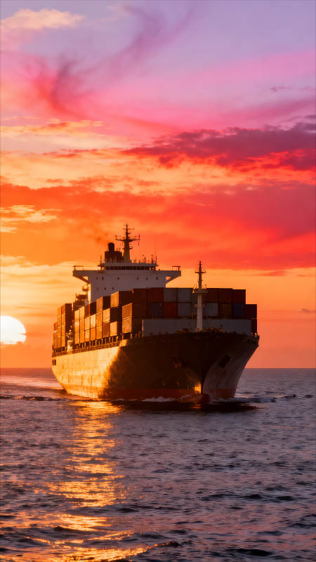 夕陽下的貨輪航行在海面上-圖片