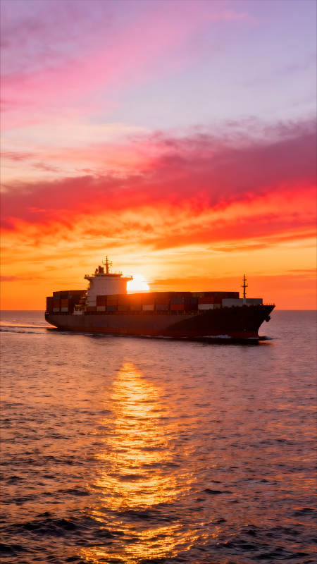 夕陽下航行的貨輪-圖片