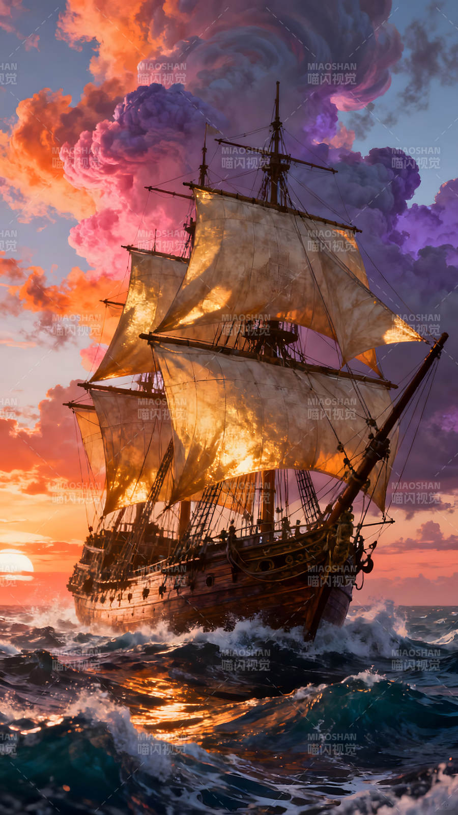 海盜船航行在日落時分的壯麗景象-圖片