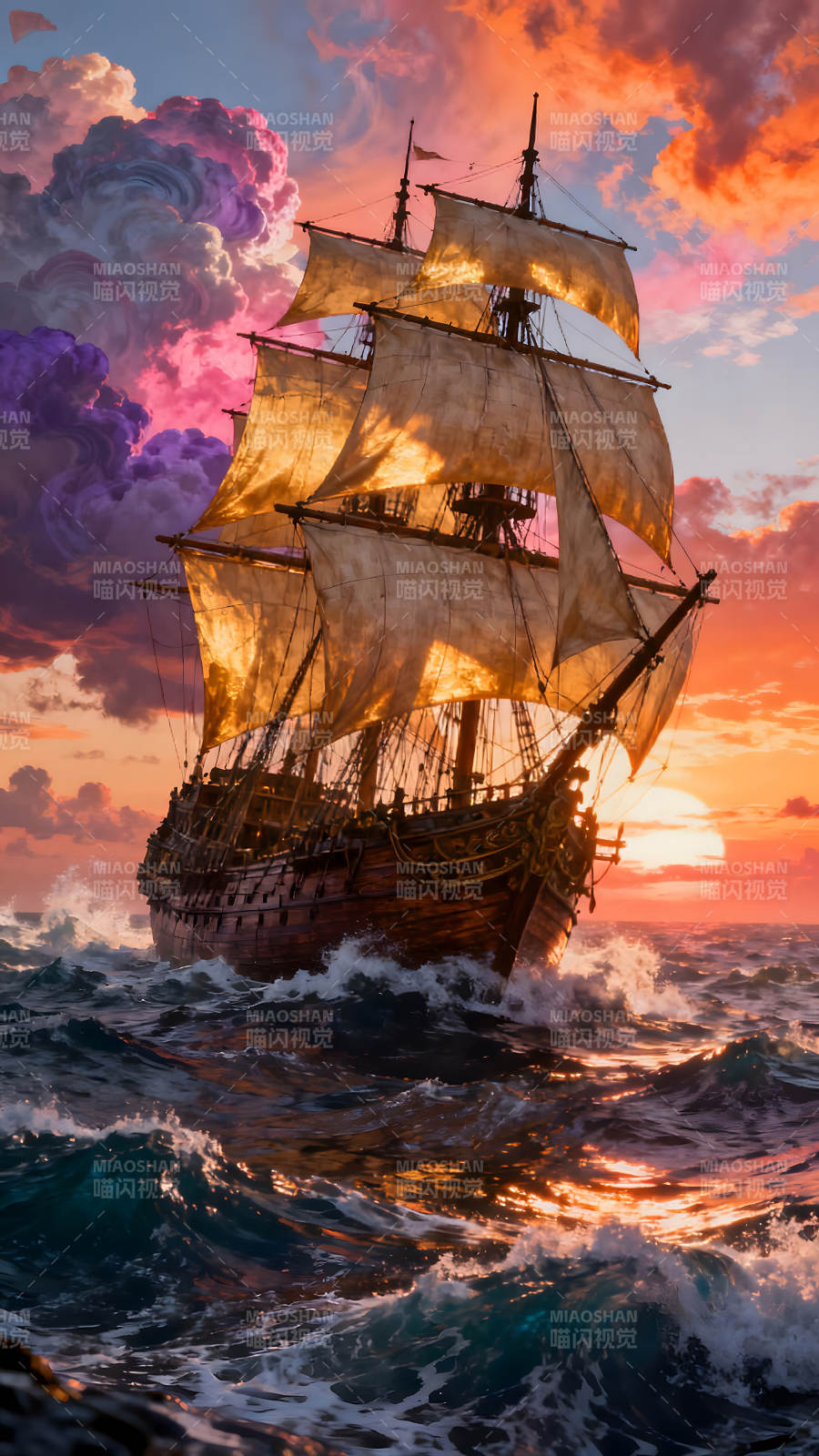 航海之帆船夕陽美景-圖片