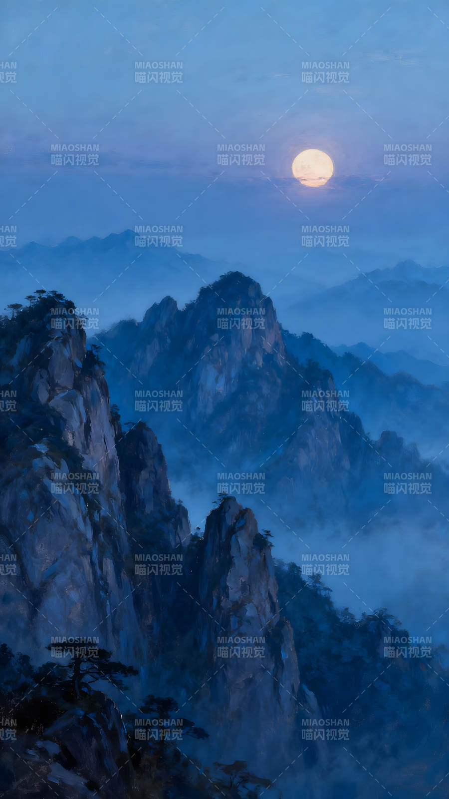 山巒映月夜色朦朧-圖片