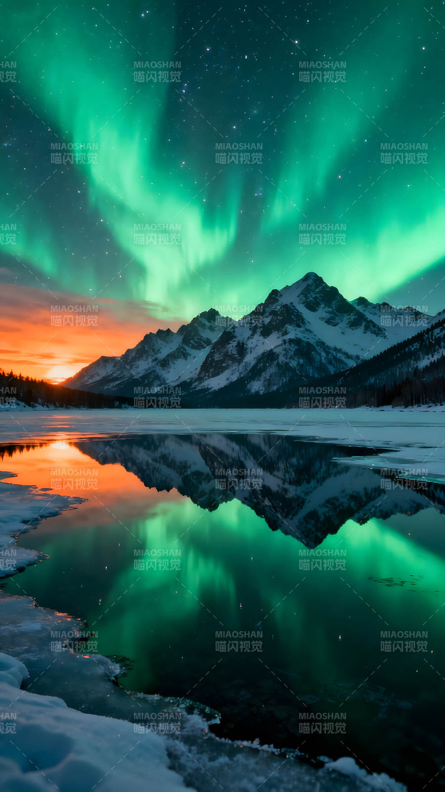 極光映襯雪山與湖泊靜謐而壯麗的自然風光-圖片