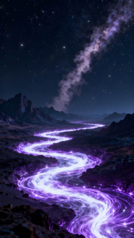 夜空星河下的紫光河流-圖片