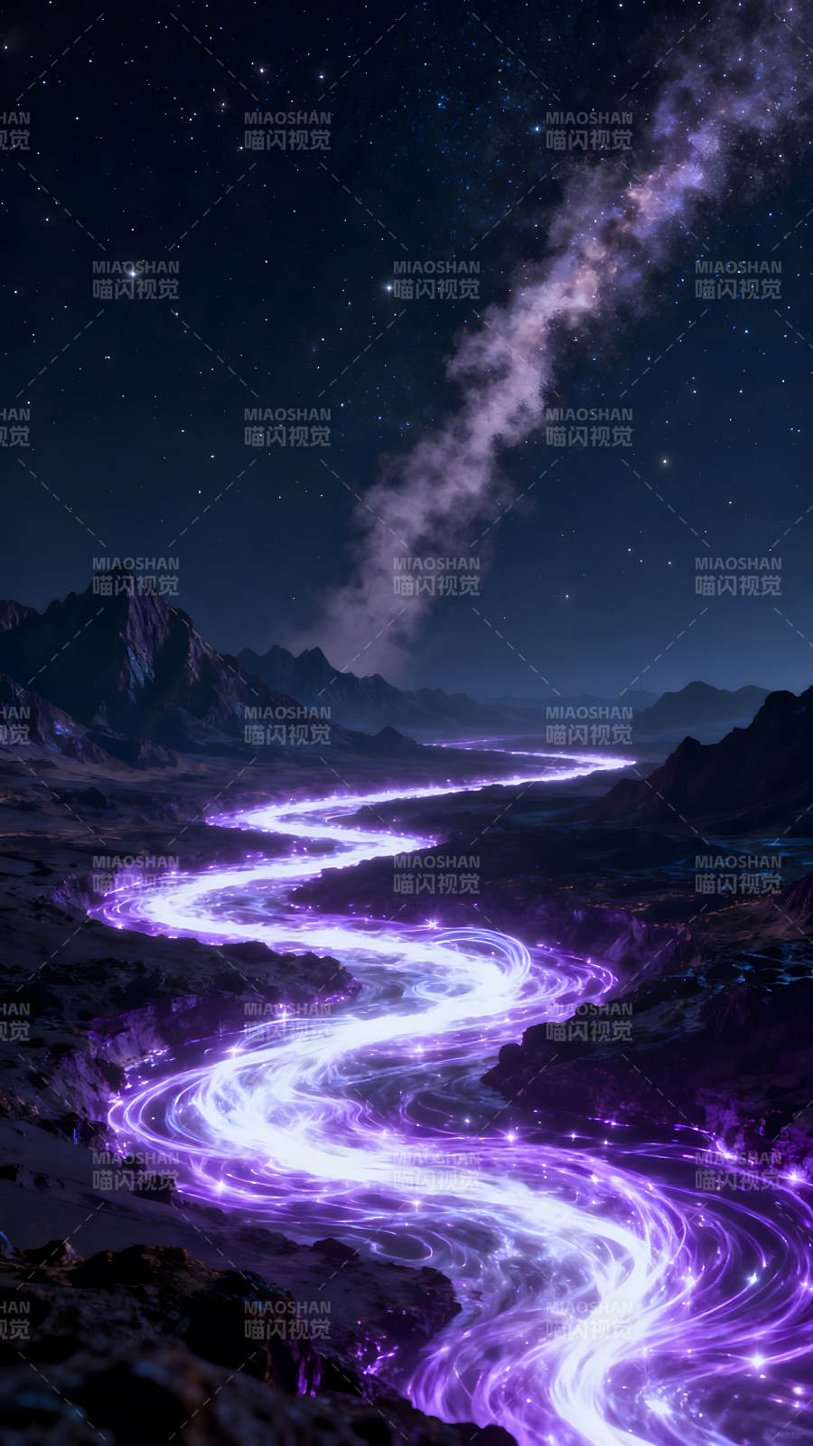 夜空星河下的紫光河流-圖片