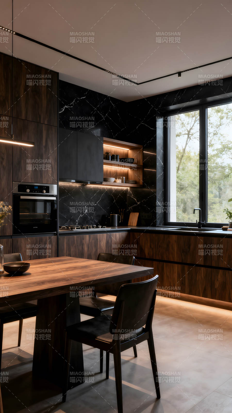 現代廚房設計深色木質與大理石搭配-圖片