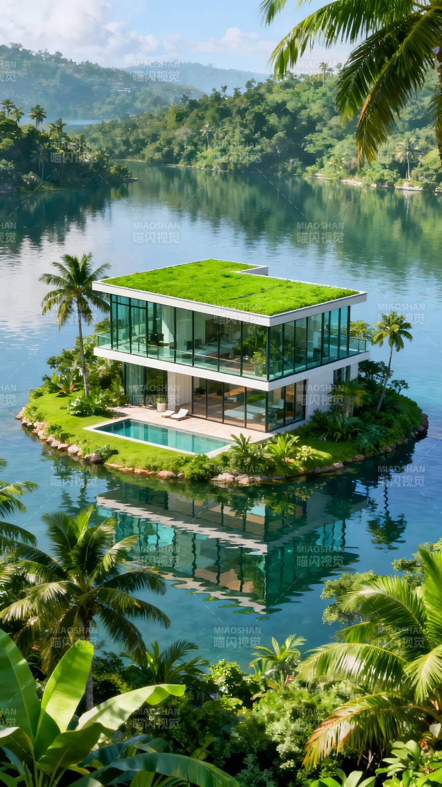 島嶼別墅風光碧波蕩漾美景-圖片