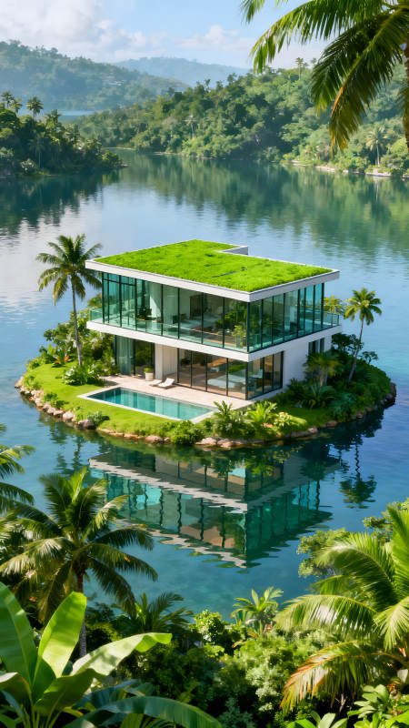 島嶼別墅風(fēng)光碧波蕩漾美景-圖片