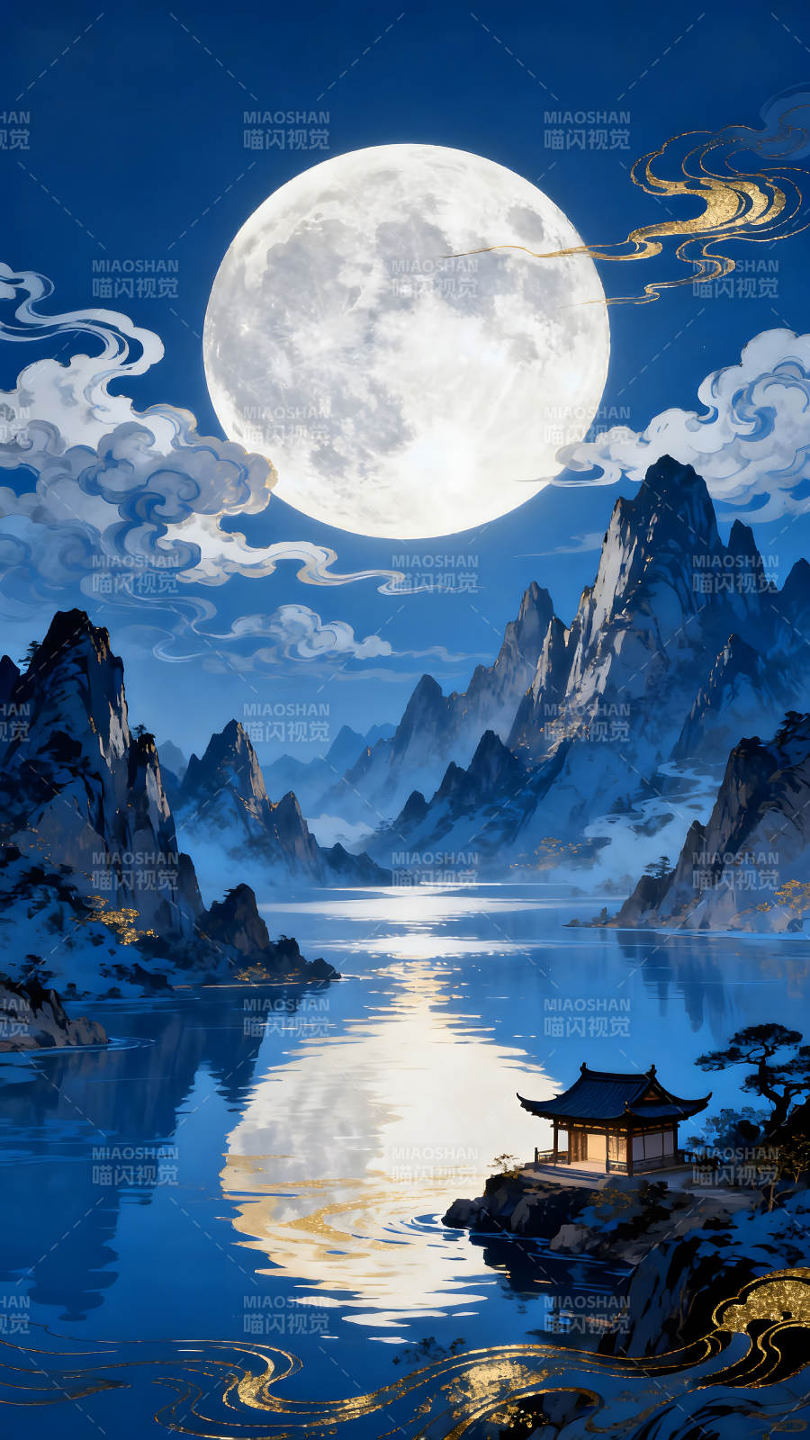 月夜山水畫-圖片